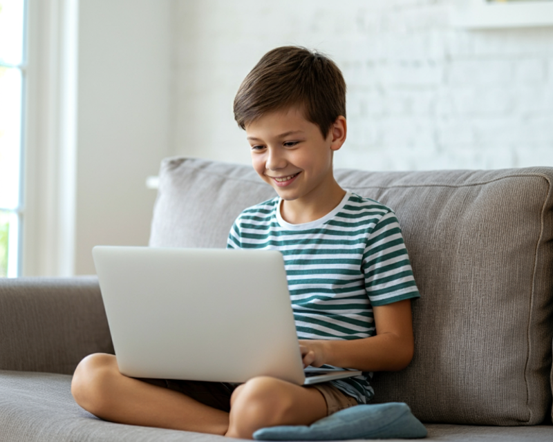 A 10 year old boy wearing a striped shirt sitting on a couch, reading on his laptop. He is calm and relaxed and has a smile on his face.