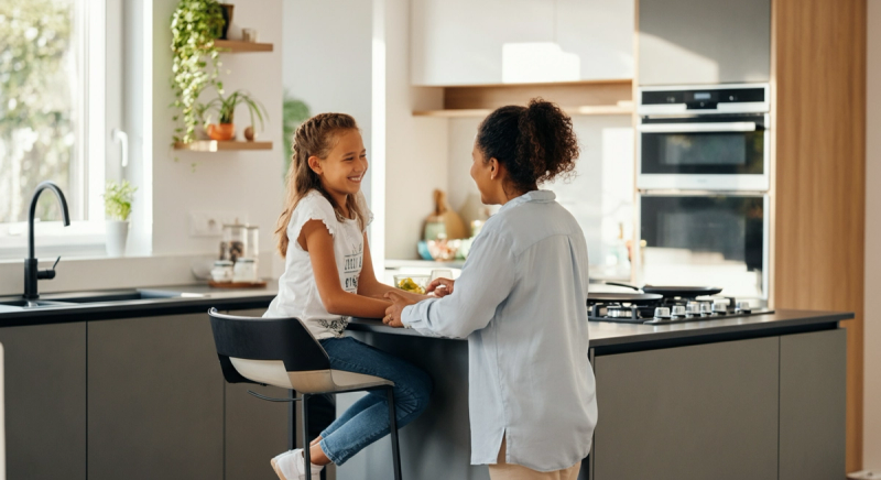 a mother and child chatting happily with each other in the kitchen