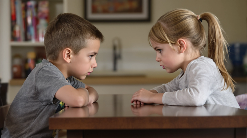 10 year old boy faces off against a 10 year old girl across the table. They both have serious combative looks on their faces.