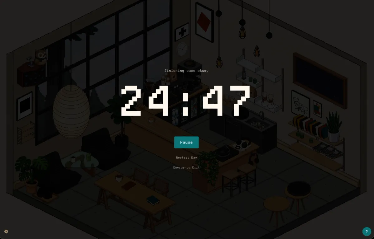 timer counting down from 25 minutes overlaid over a game UI depicting a cafe scene