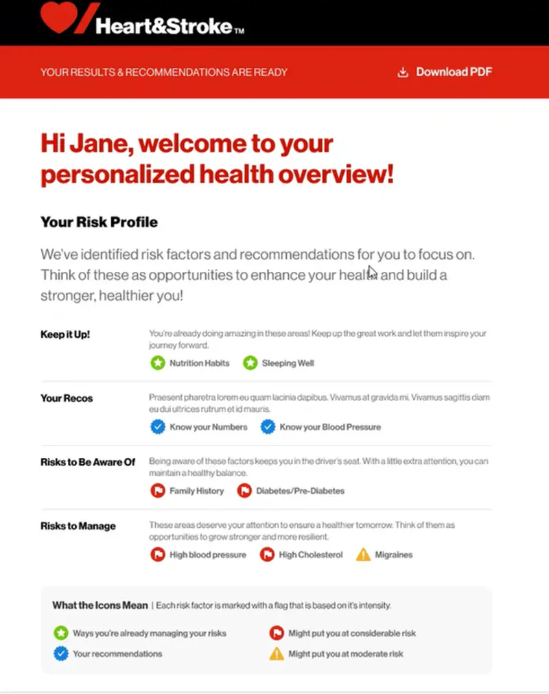 The outcomes page went through the most iteration of any screen — tiered risk language had to feel honest without triggering fear or shame.
