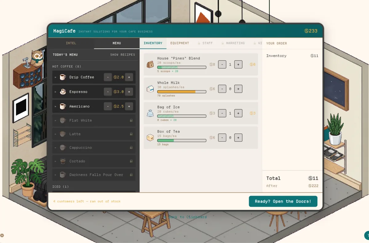 Image depicting a UI reminiscent of an ipad, containing the main "decisions" needing to be made for the gameplay portion of the app