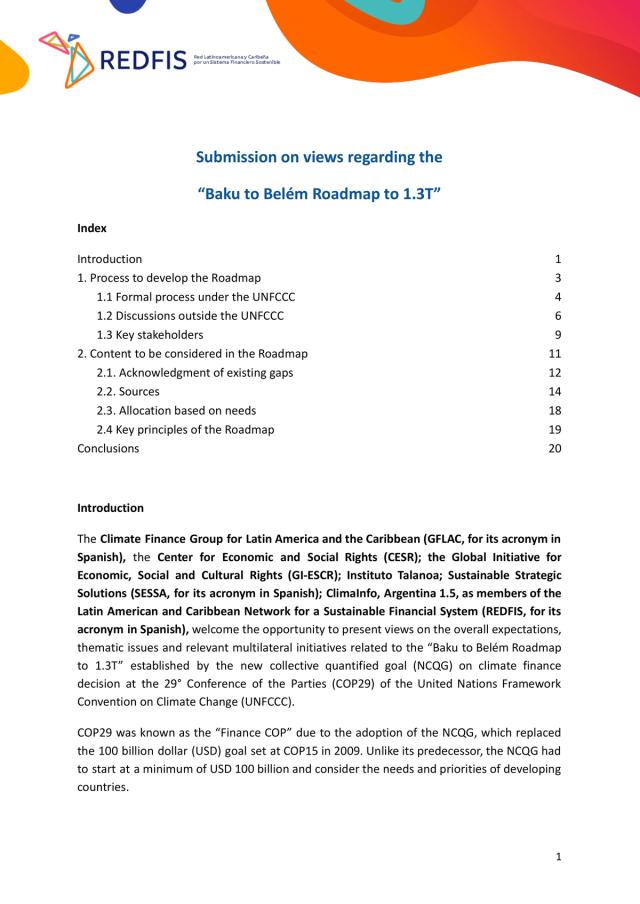 Presentación de REDFIS sobre las opiniones relativas a la Hoja de Ruta Bakú-Belém para alcanzar 1,3 T. Primera ronda.