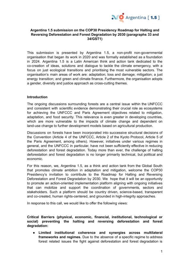 Argentina presenta su informe 1.5 sobre la Hoja de Ruta de la Presidencia de la COP30 para detener y revertir la deforestación y la degradación forestal para 2030.