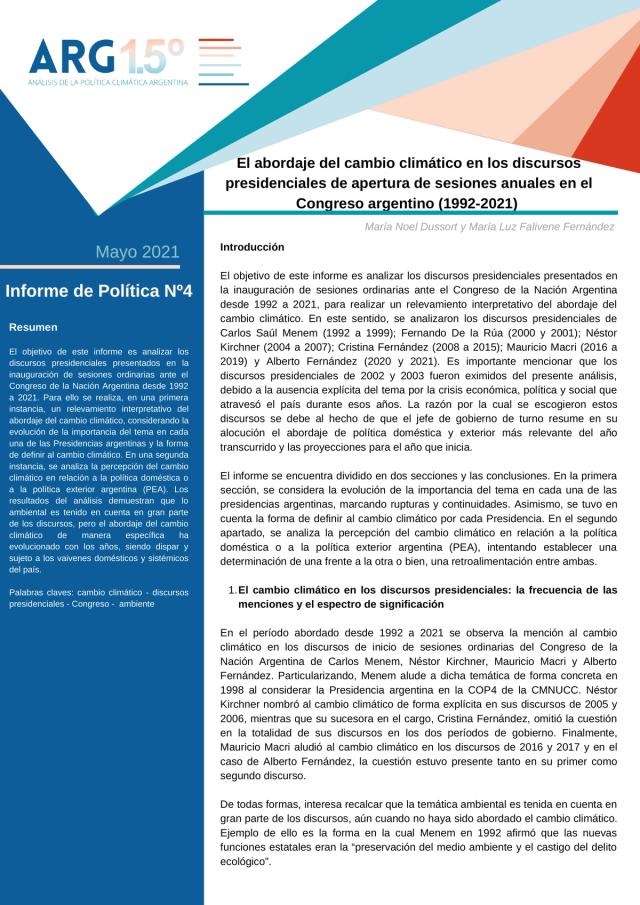Abordaje del cambio climático en discursos presidenciales de apertura (1992-2021)