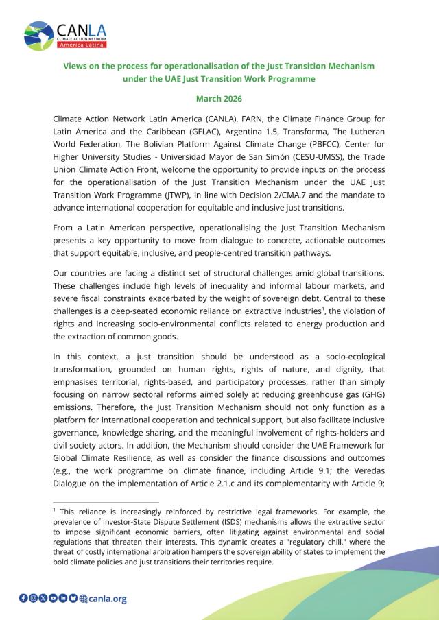 Presentación de CAN y CANLA sobre las opiniones relativas al proceso de puesta en marcha del Mecanismo de Transición Justa en el marco del Programa de Trabajo de Transición Justa de los EAU.