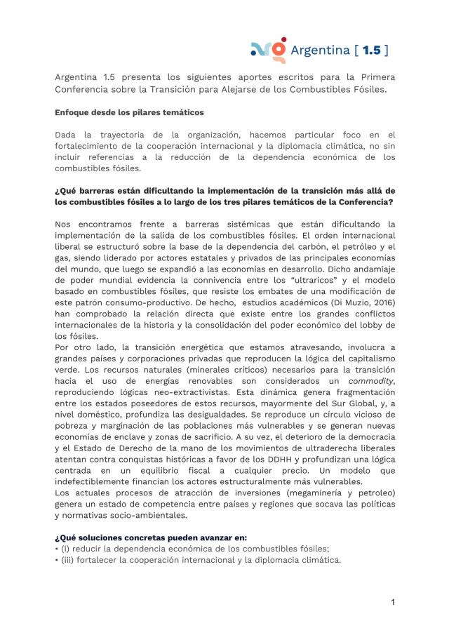 Aportes escritos para la Primera Conferencia sobre la transición para alejarse de los combustibles fósiles