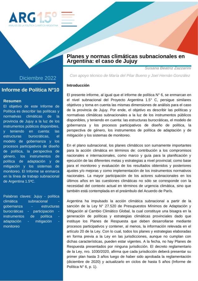 Planes y normas climáticas subnacionales en Argentina: el caso de Jujuy
