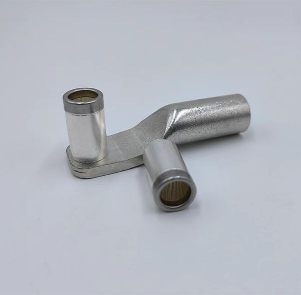 Custom silver-plated dual socket connector terminal with integrated wire crimp barrel