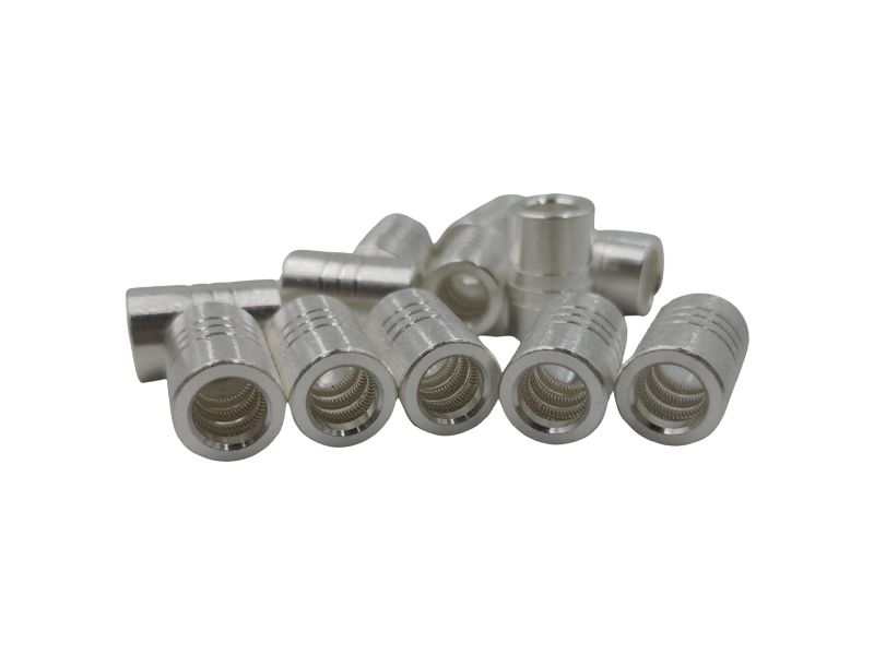 Silver-plated female connector sockets with internal canted coil spring contacts in a small cluster