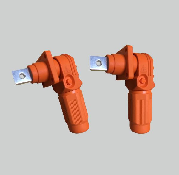 Orange high-voltage energy storage connector plugs with right-angle insulated housings and silver-plated terminals