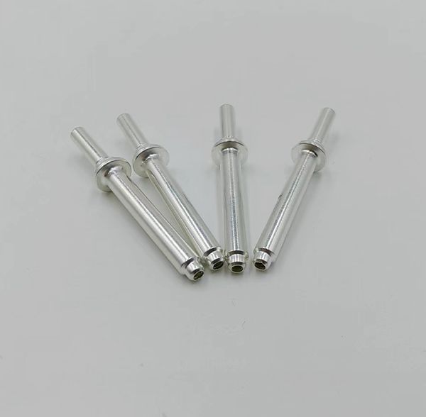 Precision-machined silver-plated male connector contact pins with retention collars and hollow tips