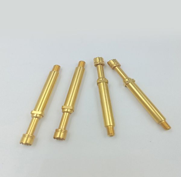 Gold-plated precision spring-loaded test probe pins with threaded bases and serrated contact heads