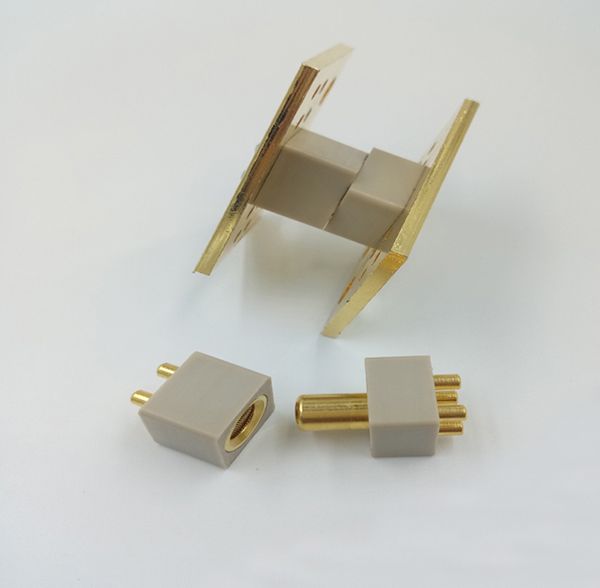 Gold-plated pin and socket connector modules with canted coil spring and mounting plates