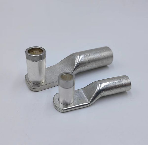 Two silver-plated cable lug terminals with integrated vertical cylindrical female contact sockets