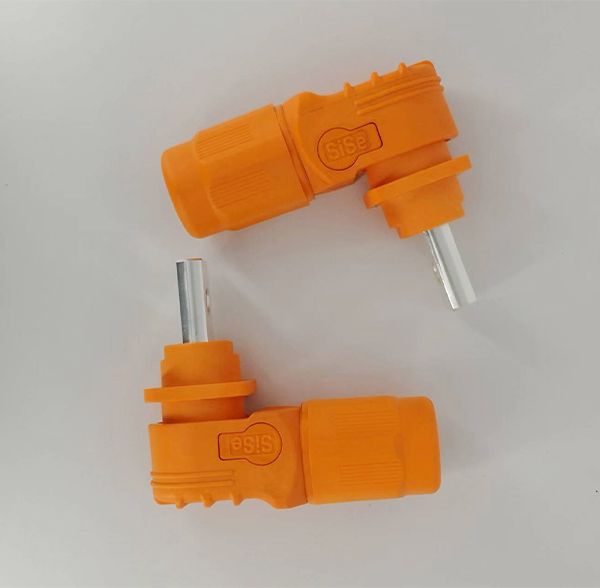 Orange right-angle high-voltage energy storage connectors with silver-plated contact pins and SISE logo