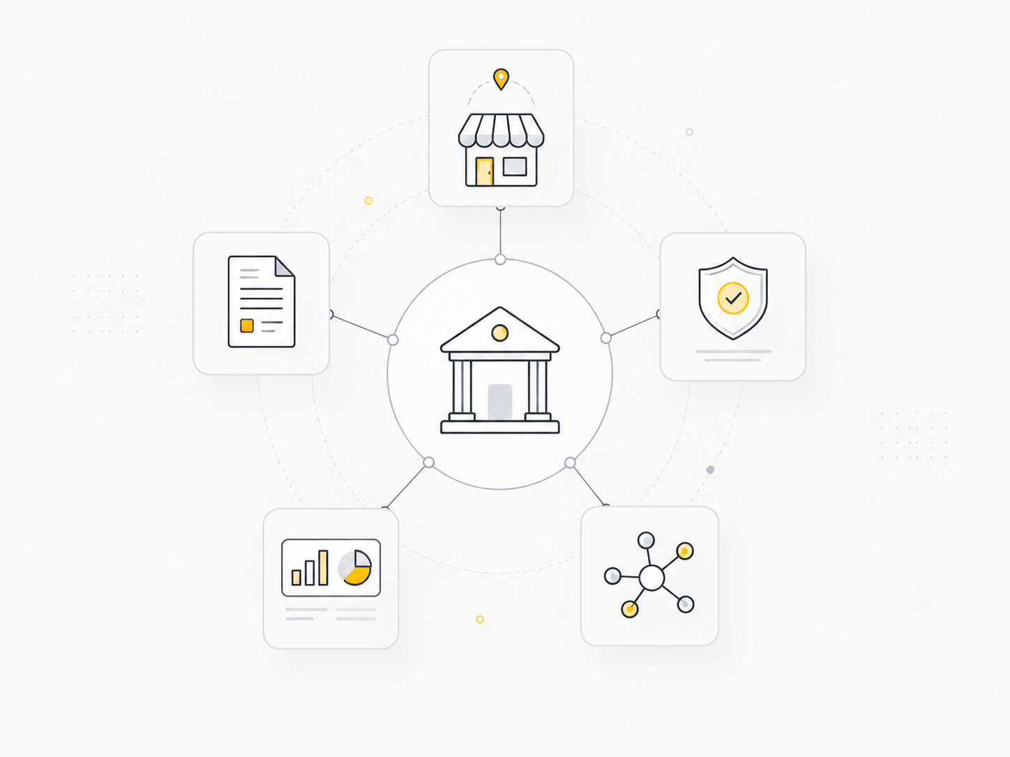 Illustration of an Urban Co-operative Bank connected to local business, credit documents, risk controls, portfolio monitoring and supporting systems.
