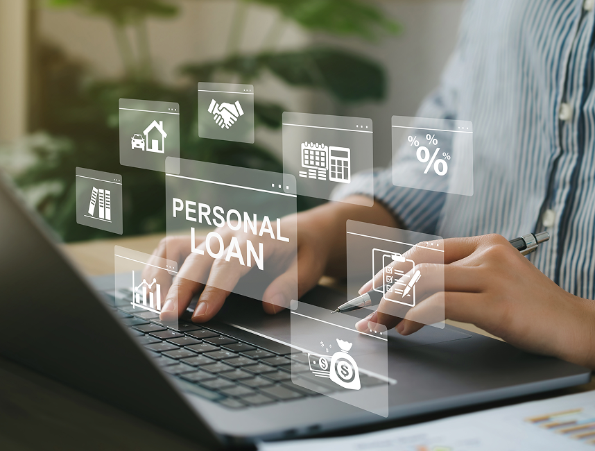 person working on their laptop with graphics popping up with calculation icons, such as percentage signs, graphs, and money symbols