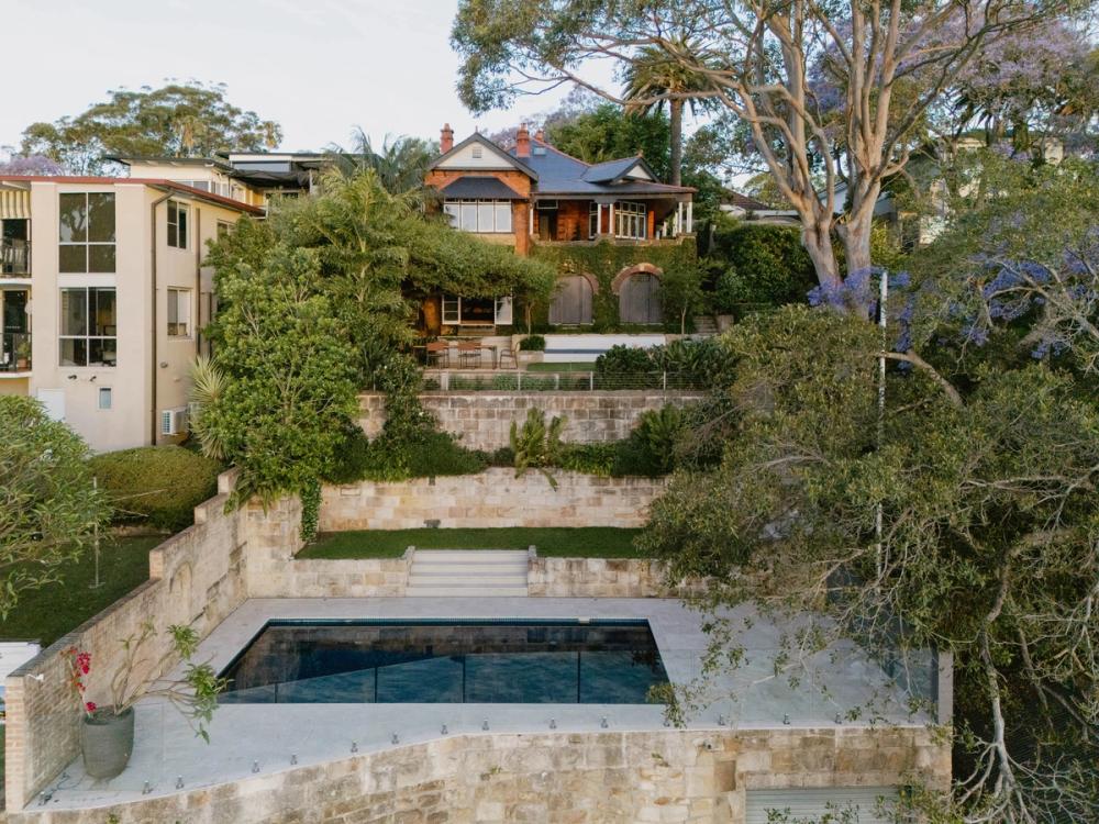 Drone image of pool and garden