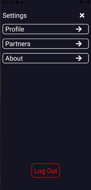Settings screen with buttons to go to profile page, partners page, about page and log out button