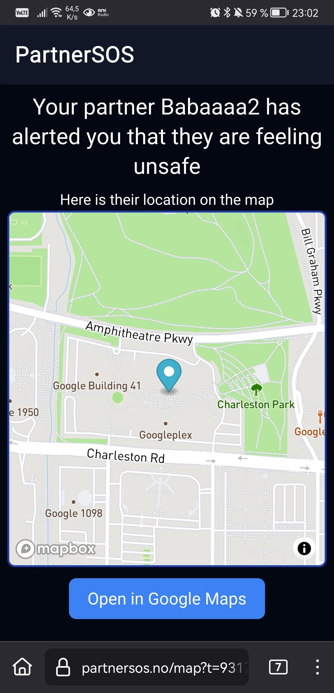 Image of a map with the user location that the recipient would see  in their browser