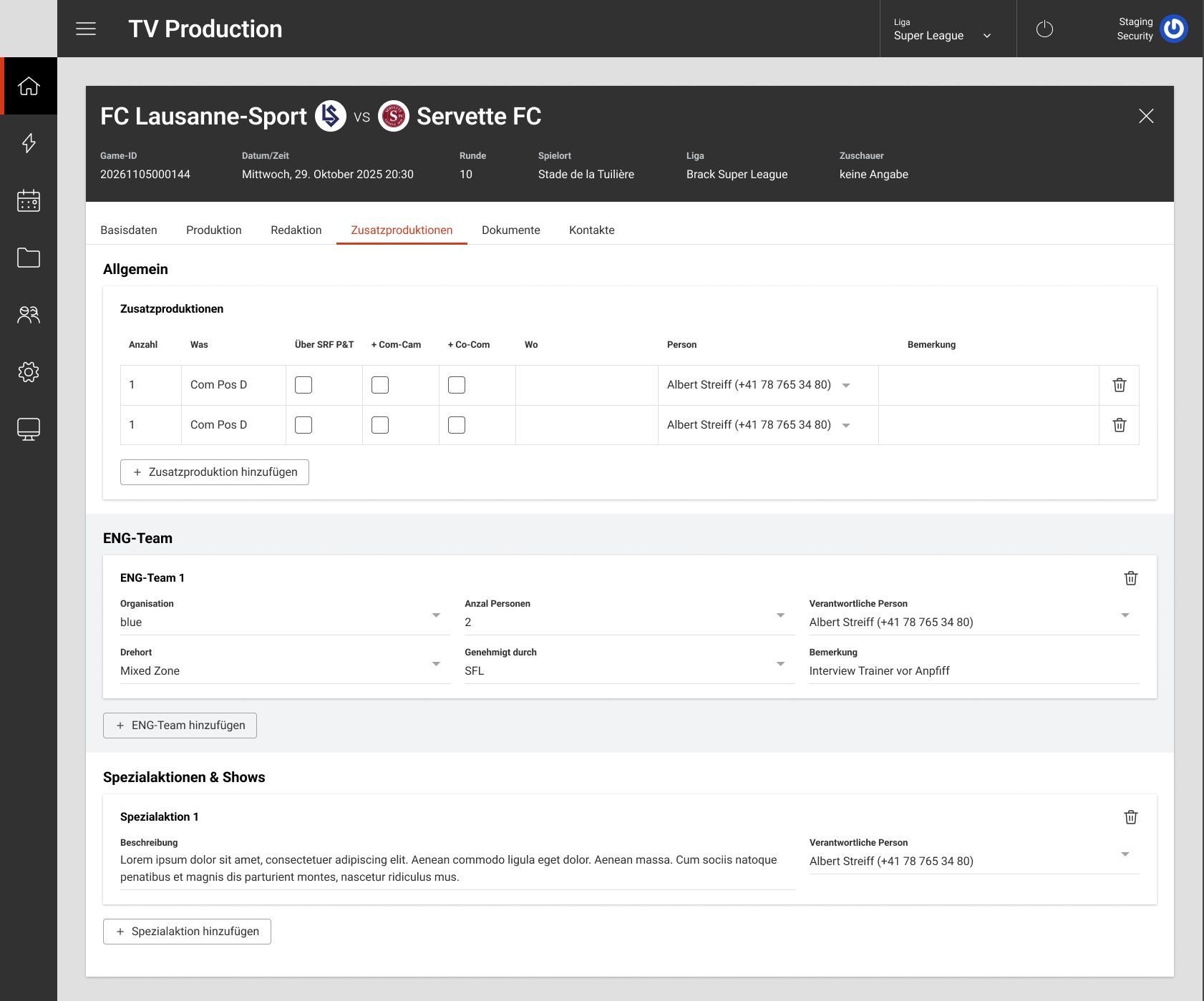 The match detail view — Zusatzproduktionen tab, with the crew’s own vocabulary as navigation