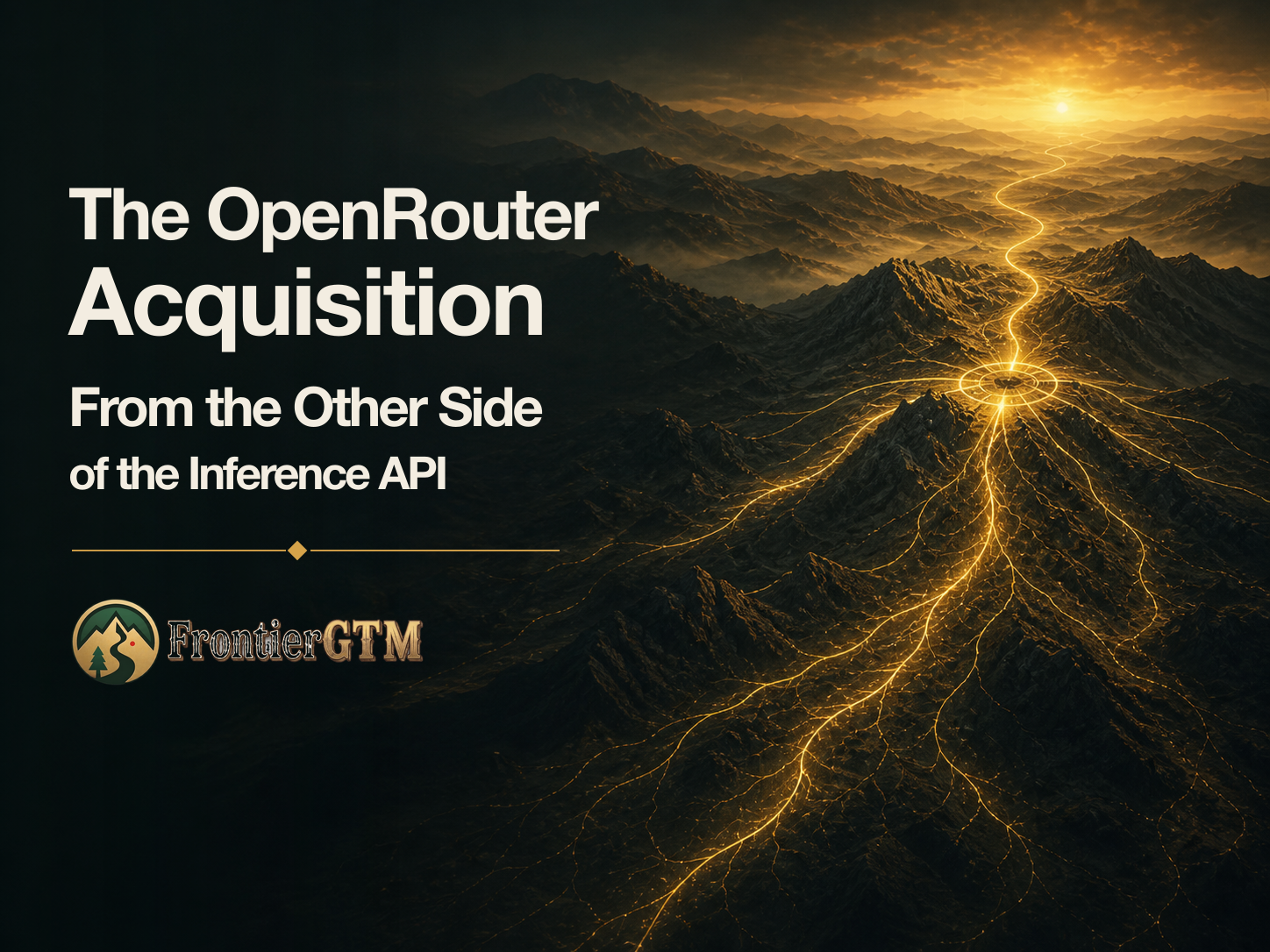 Golden inference routes converging at a market hub across a dark mountain frontier
