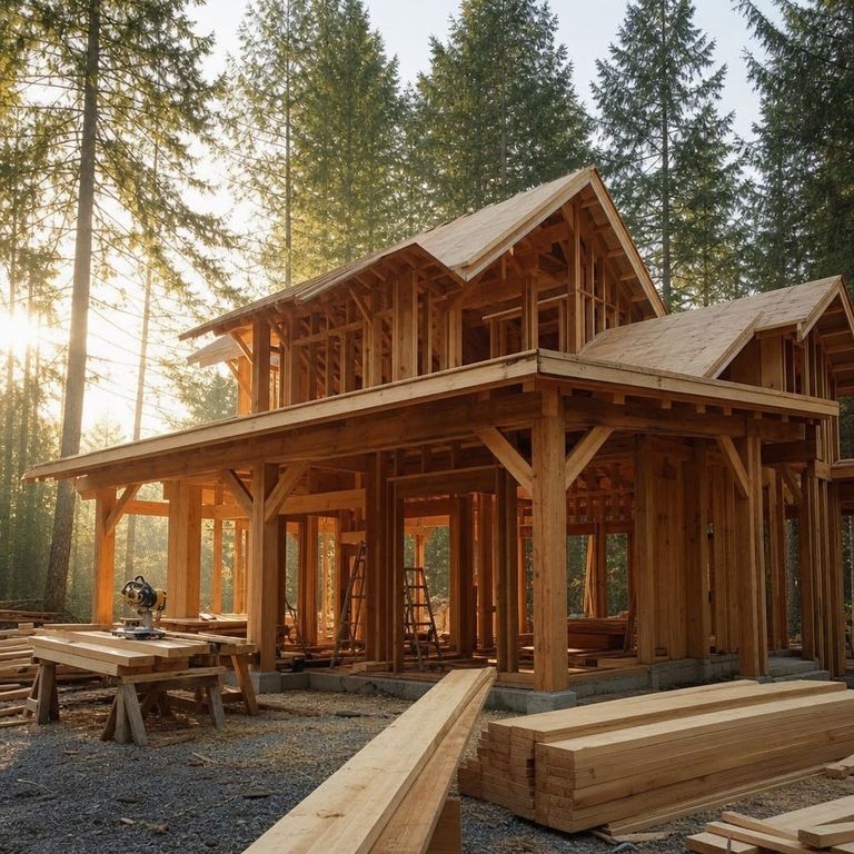 A timber-framed house under construction in a forested Pacific Northwest setting