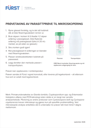 Tekstbeskrivelse for hvordan man tar prøve til parasittundersøkelse og merking av denne.