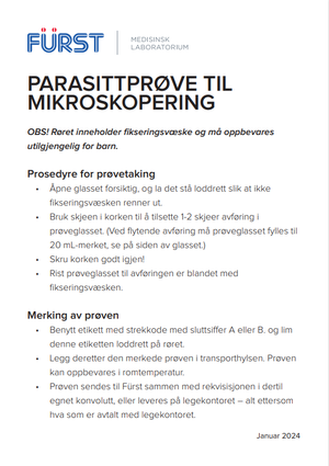Tekstbeskrivelse for hvordan man tar prøve til parasittundersøkelse og merking av denne.