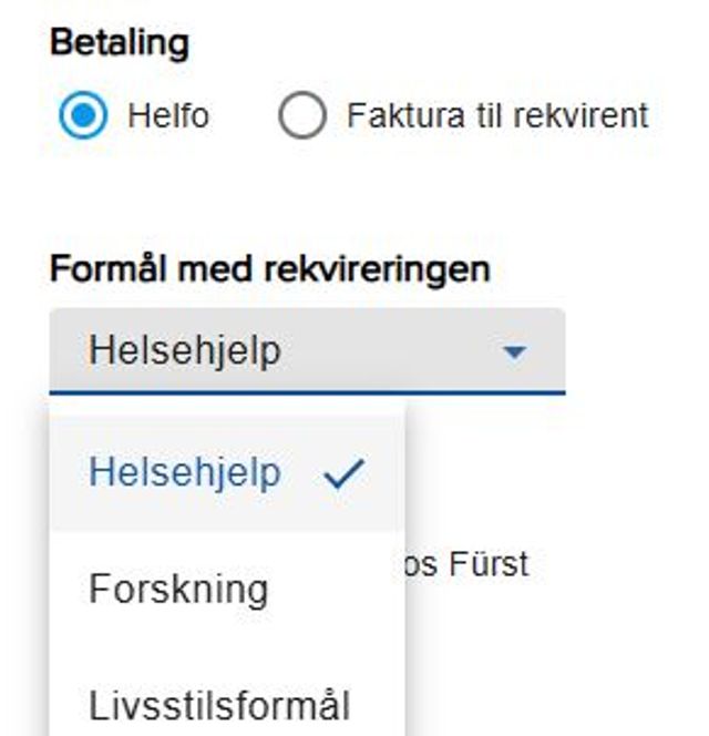 Viser meny for formål med rekvireringen i Forum Web