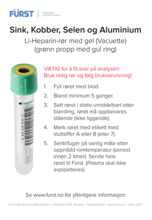 Bilde av veiledning for prøvetaking til sink, kobber, selen og aluminium.