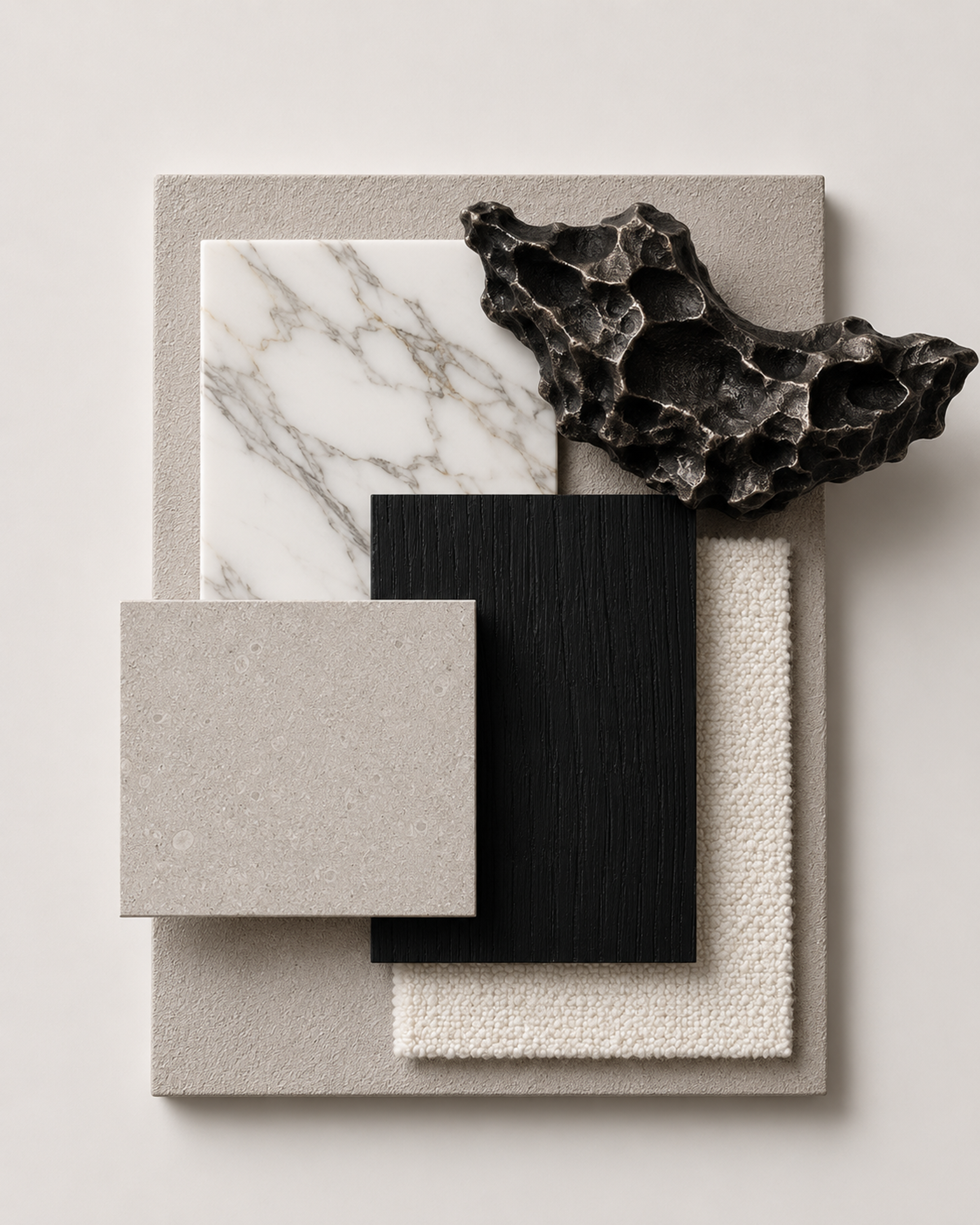 Material palette of ivory stone, stained oak and black accents