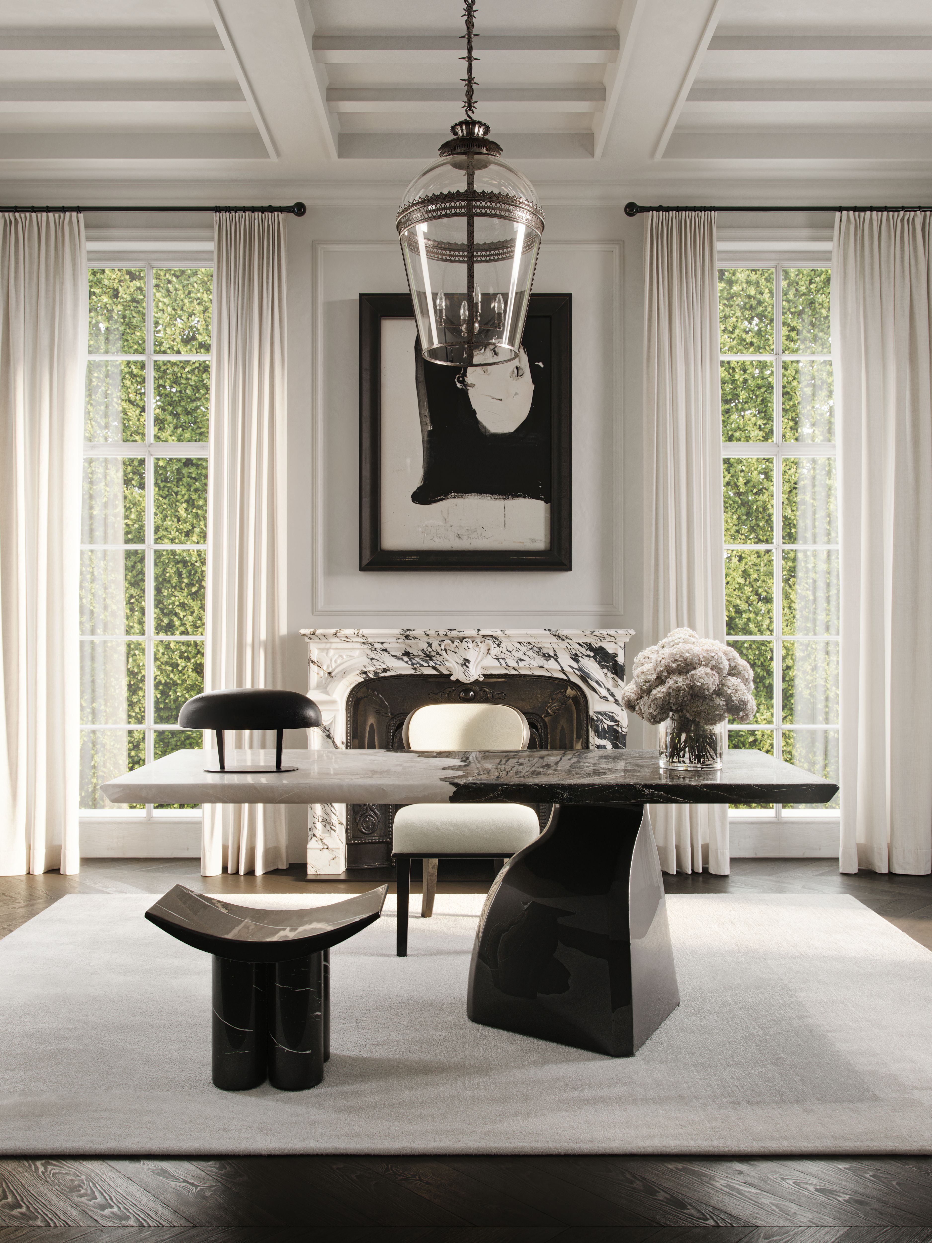 Living space with expressive marble surfaces and custom lighting