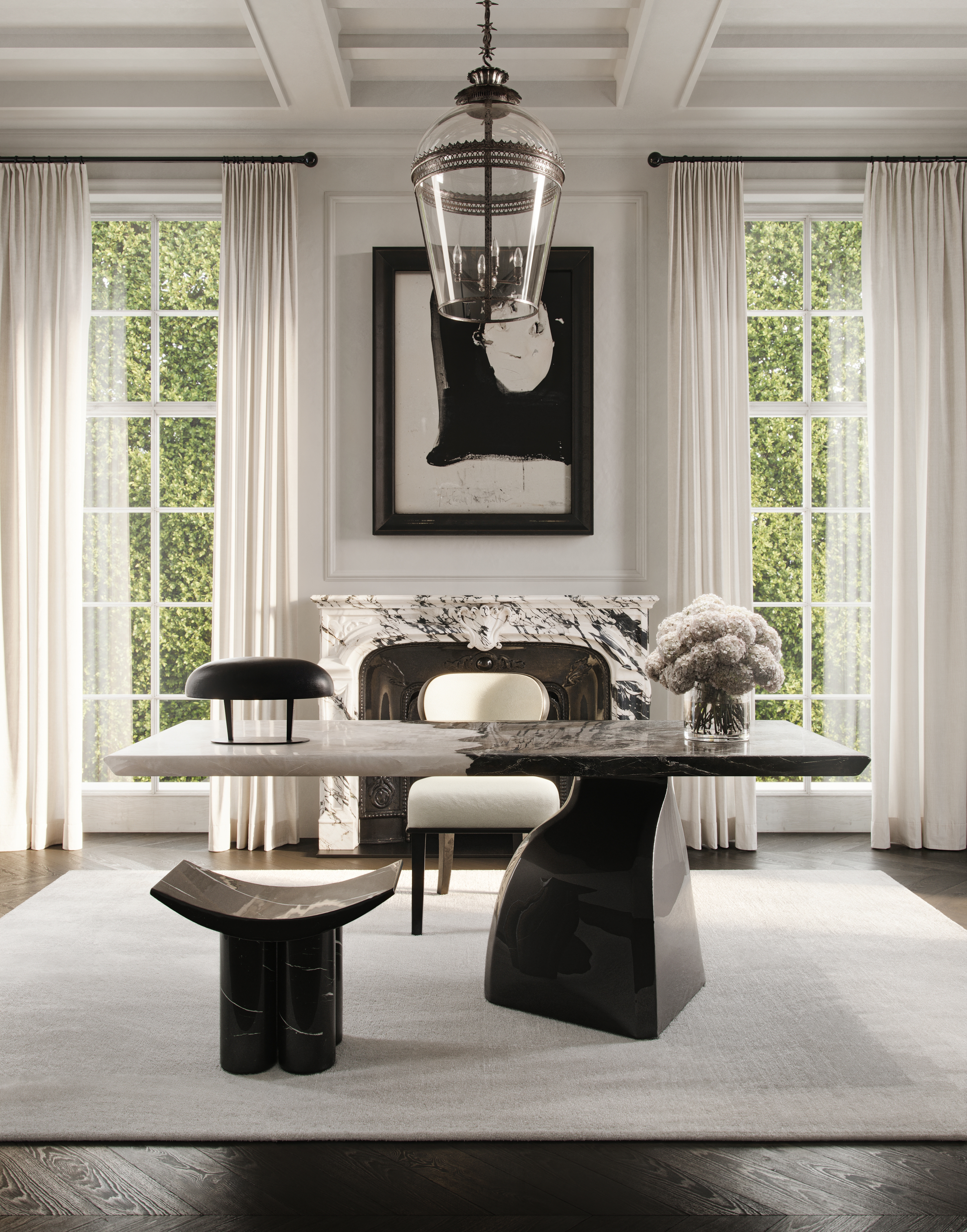 Living space with expressive marble surfaces and custom lighting