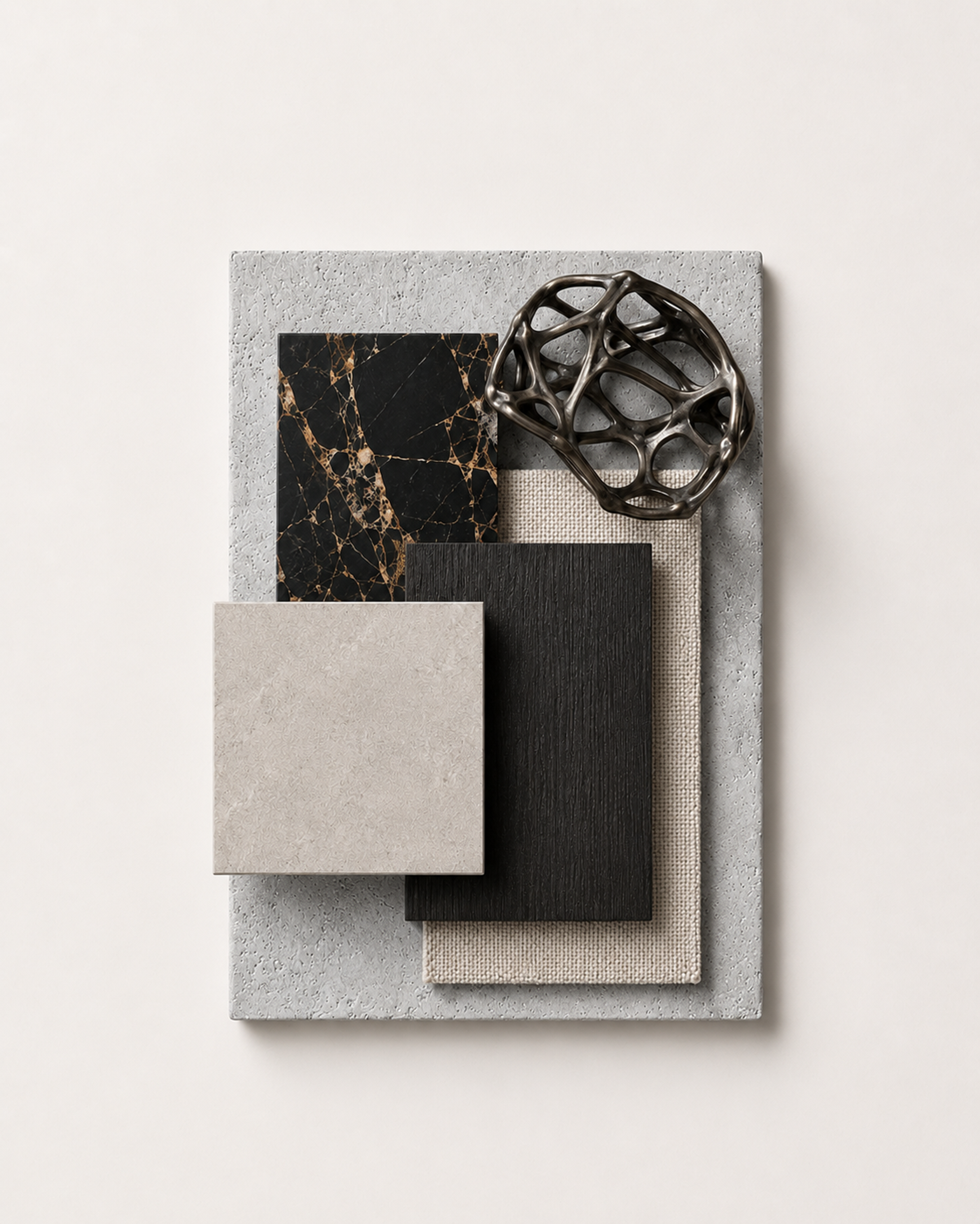 Material palette of limestone, plaster, timber and veined stone
