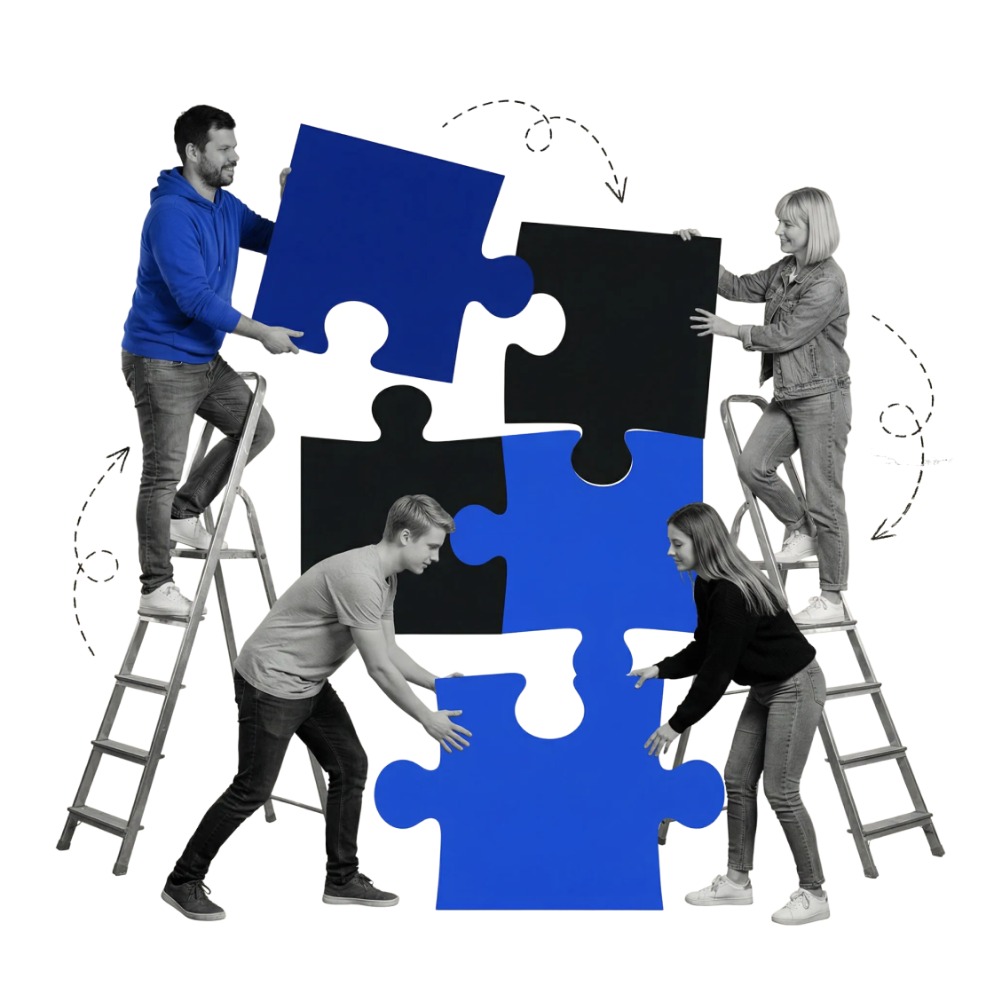 Team assembling large puzzle pieces together