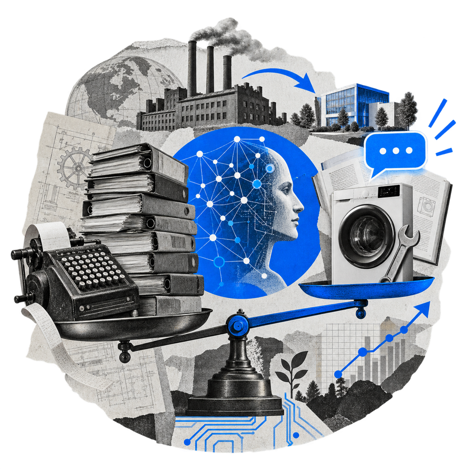 Collage: mechanical calculator and binders vs. a home appliance with an AI chat bubble on a balance scale, neural network in a blue circle