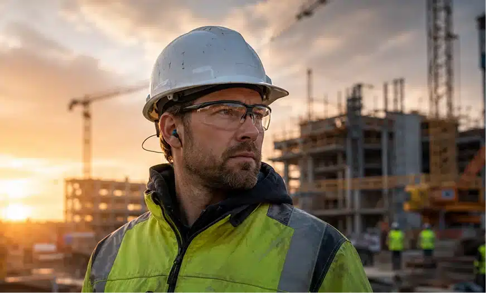 A construction worker wearing hearing protection on site