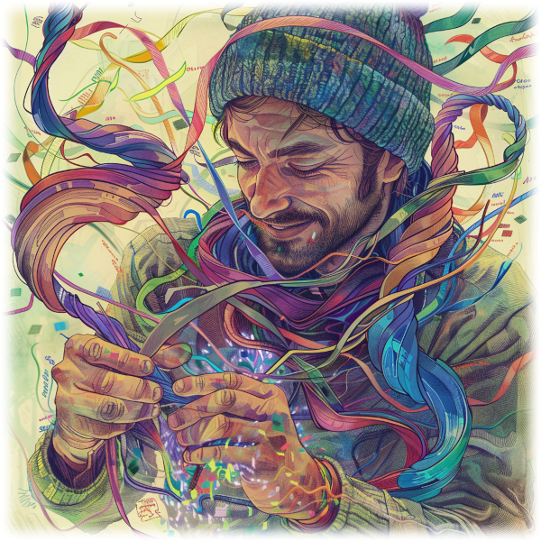 A man, creating colorful ribbons