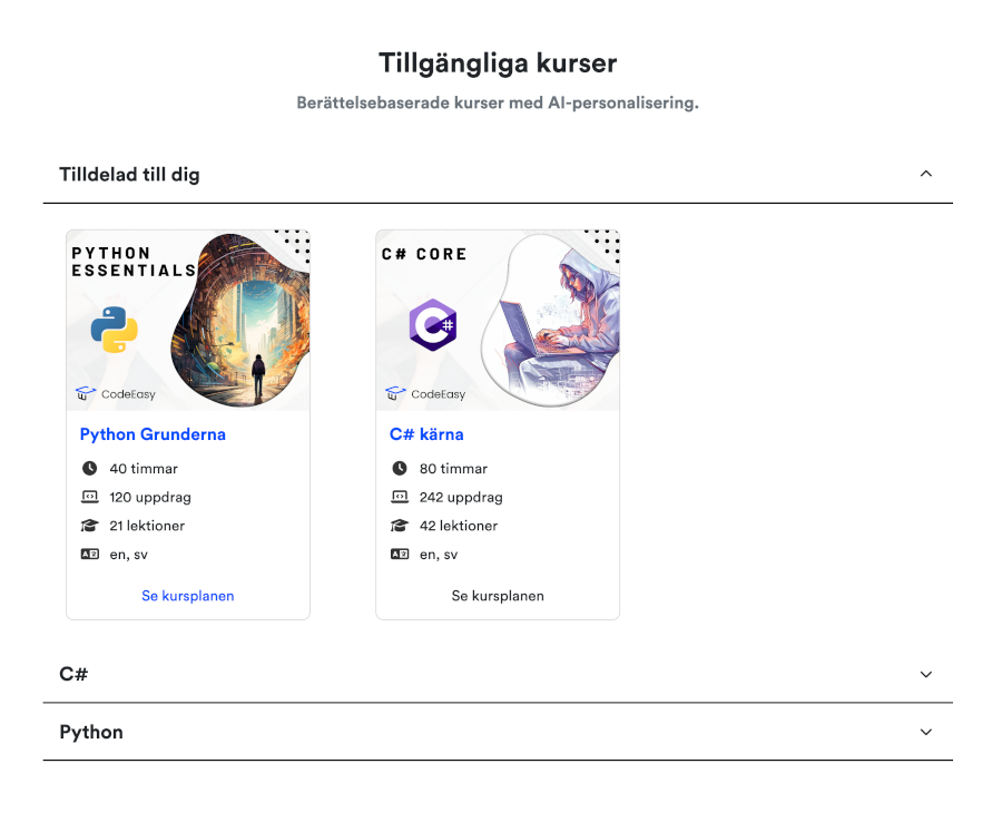 Utbud av kurser på CodeEasy