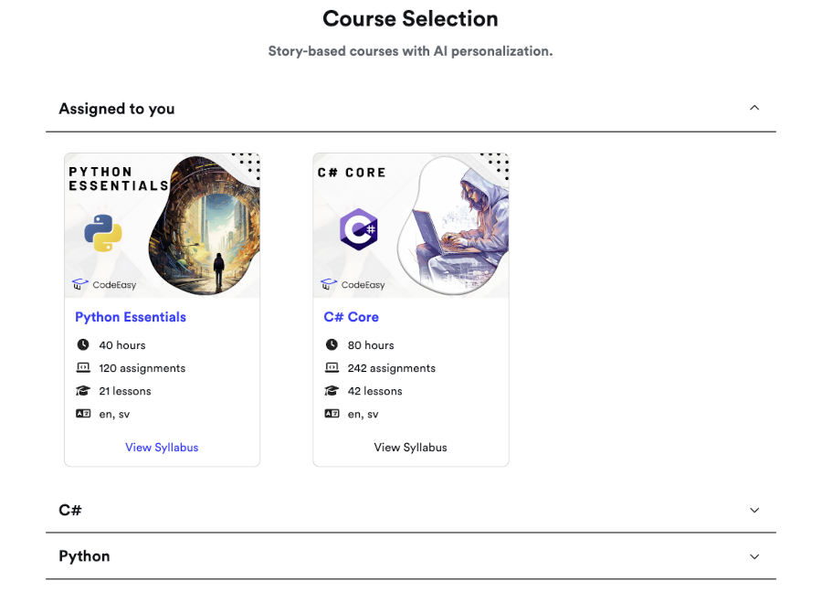 Courses selection on CodeEasy