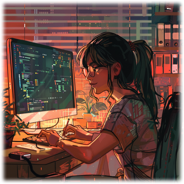  beautifully color graded drawing of a creative female programmer