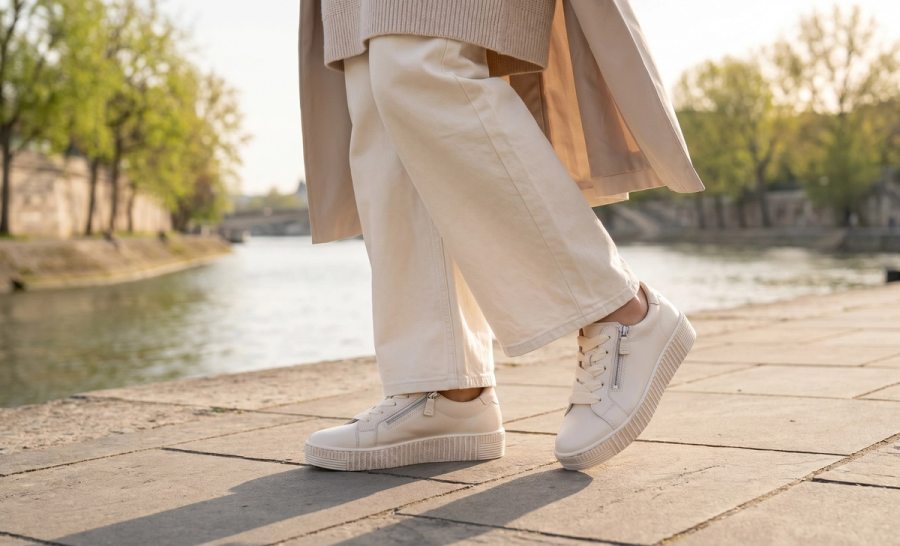 Wide leg jeans with platform trainers