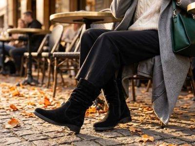 Black ankle boots with green bag