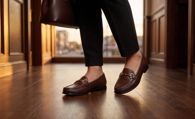 Brown shoes with black trousers