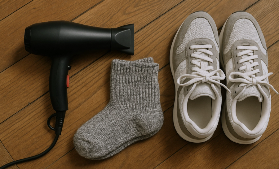 Hair Dryer, thick socks and trainers