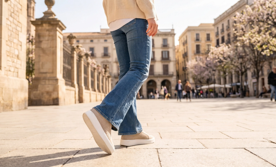 Flared jeans with slip-on trainers