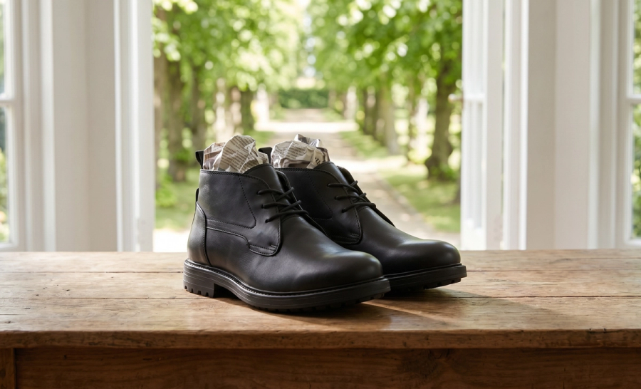 Boots stuffed with newspaper