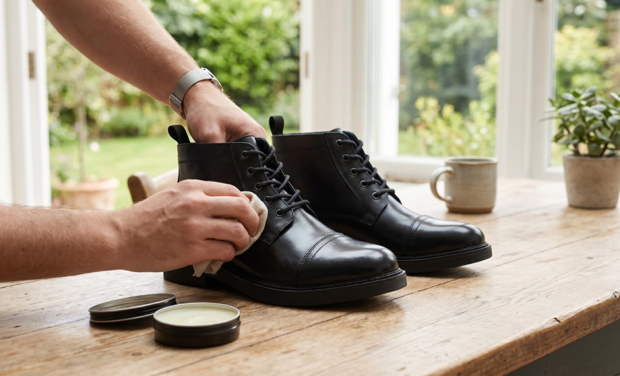 Boots with leather conditioner applied